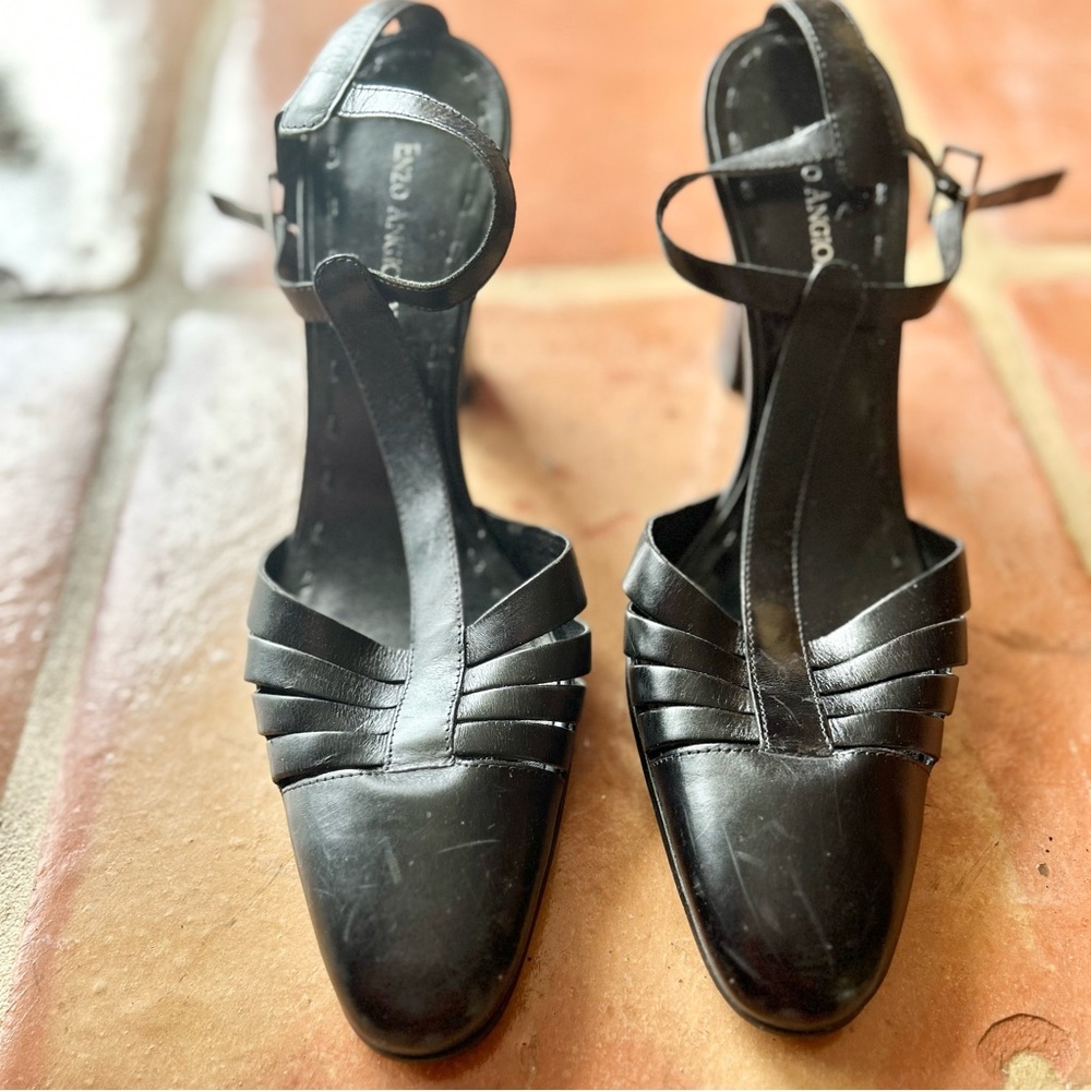 Sassy Enzo Angiolini Eavero Black Leather T-Straps Casual Dress Shoes Size 8.5M